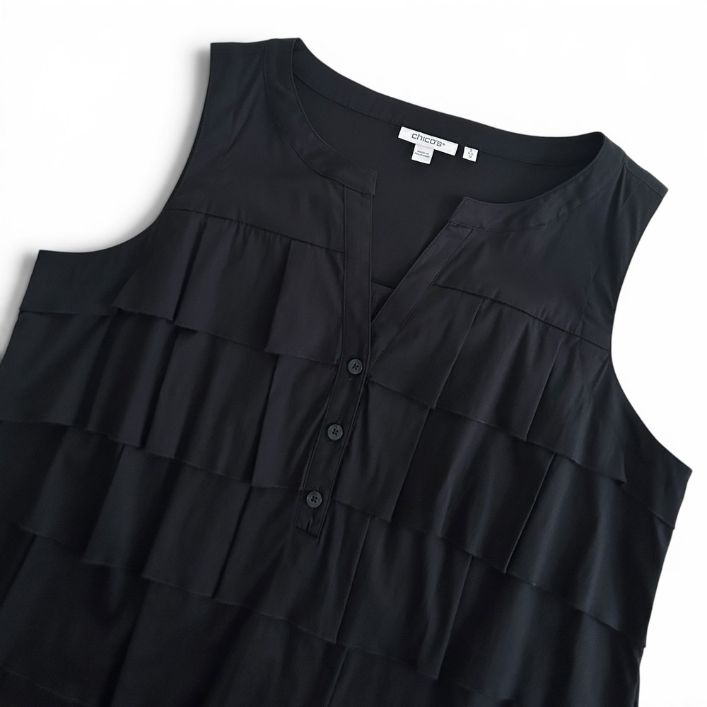 Chico's Women 12 Black Large Cotton Sleeveless Ruffled Tiered Shift Dress Size 2 - Picture 4 of 14